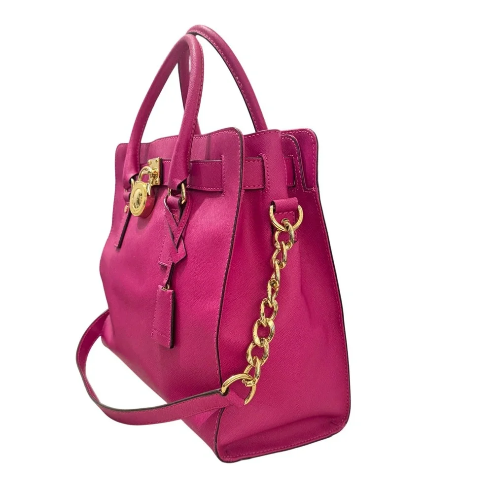 Michael Kors Hamilton Satchel Womens Large Fuchsia Pink Padlock Chain Bag - Picture 5 of 16